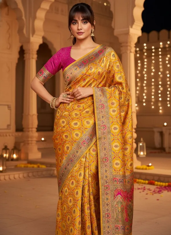 Yellow_Banarasi_Pure_Silk_Jacquard_Printed_Saree_For_Women_|_With_Blouse_Piece