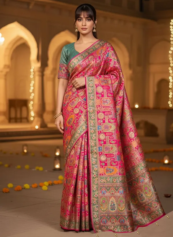 Red_Banarasi_Pure_Silk_Jacquard_Printed_Saree_For_Women_|_With_Blouse_Piece