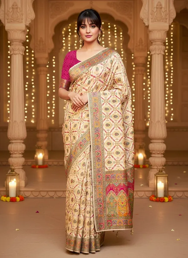 Off_White_Banarasi_Pure_Silk_Satin_Jacquard_Printed_Saree_For_Women_|_With_Blouse_Piece