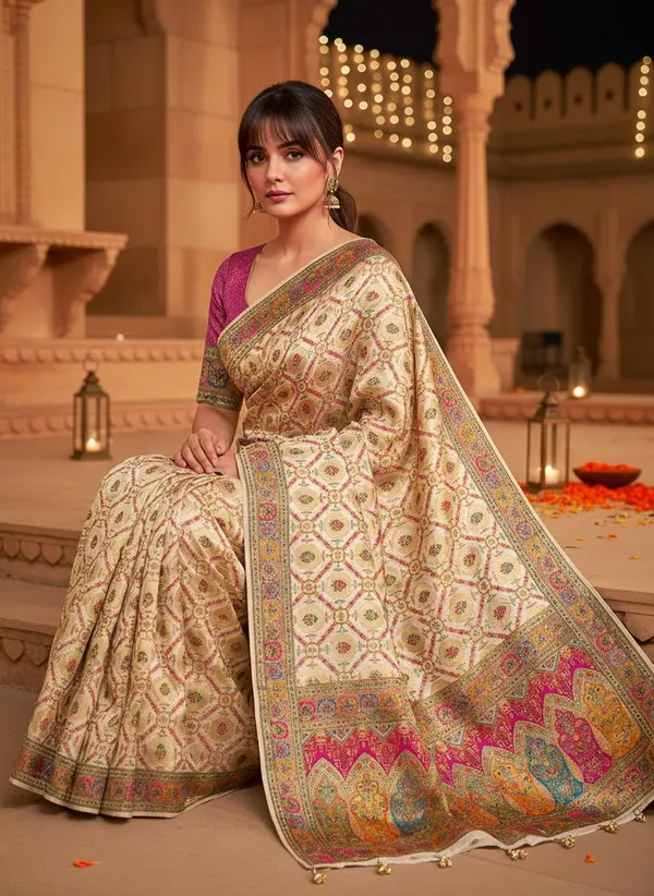Off_White_Banarasi_Pure_Silk_Satin_Jacquard_Printed_Saree_For_Women_|_With_Blouse_Piece