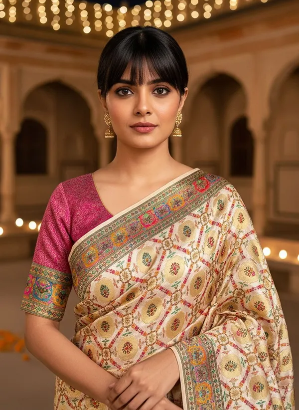 Off_White_Banarasi_Pure_Silk_Satin_Jacquard_Printed_Saree_For_Women_|_With_Blouse_Piece