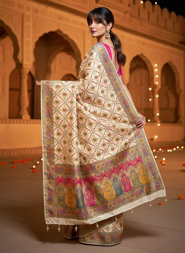 Off_White_Banarasi_Pure_Silk_Satin_Jacquard_Printed_Saree_For_Women_|_With_Blouse_Piece