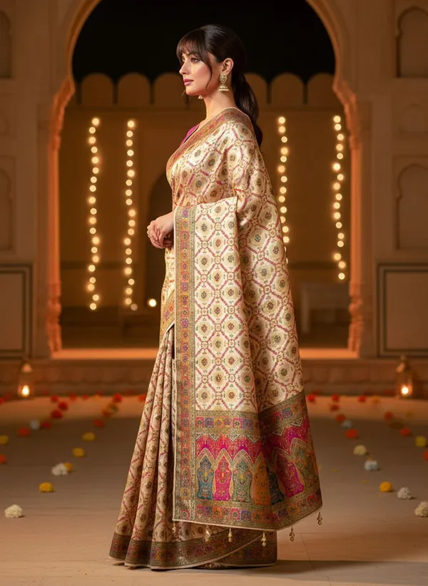 Off_White_Banarasi_Pure_Silk_Satin_Jacquard_Printed_Saree_For_Women_|_With_Blouse_Piece