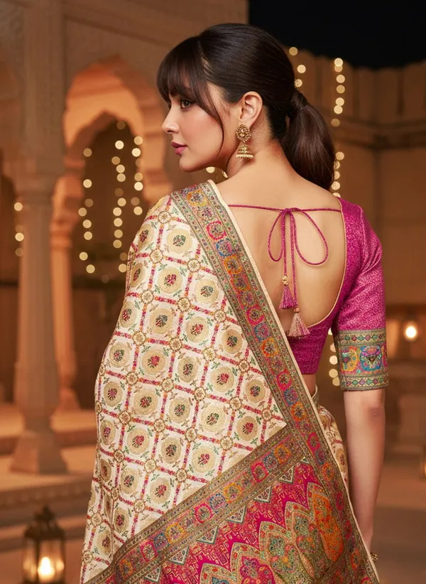 Off_White_Banarasi_Pure_Silk_Satin_Jacquard_Printed_Saree_For_Women_|_With_Blouse_Piece