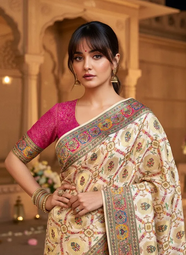 Off_White_Banarasi_Pure_Silk_Satin_Jacquard_Printed_Saree_For_Women_|_With_Blouse_Piece