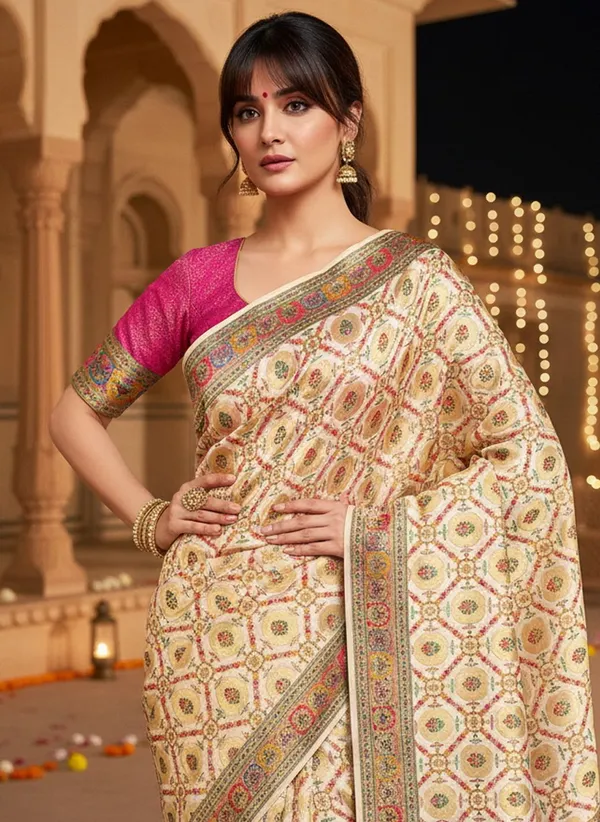 Off_White_Banarasi_Pure_Silk_Satin_Jacquard_Printed_Saree_For_Women_|_With_Blouse_Piece