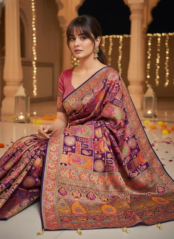 Purple_Banarasi_Pure_Silk_Jacquard_Printed_Saree_For_Women_|_With_Blouse_Piece