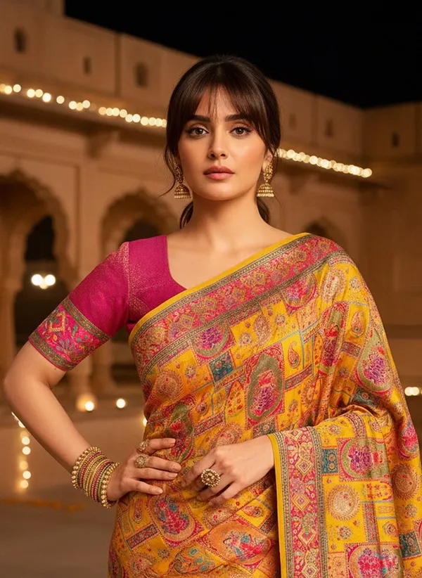 Yellow_Banarasi_Pure_Silk_Jacquard_Printed_Zari_Saree_For_Women_|_With_Blouse_Piece