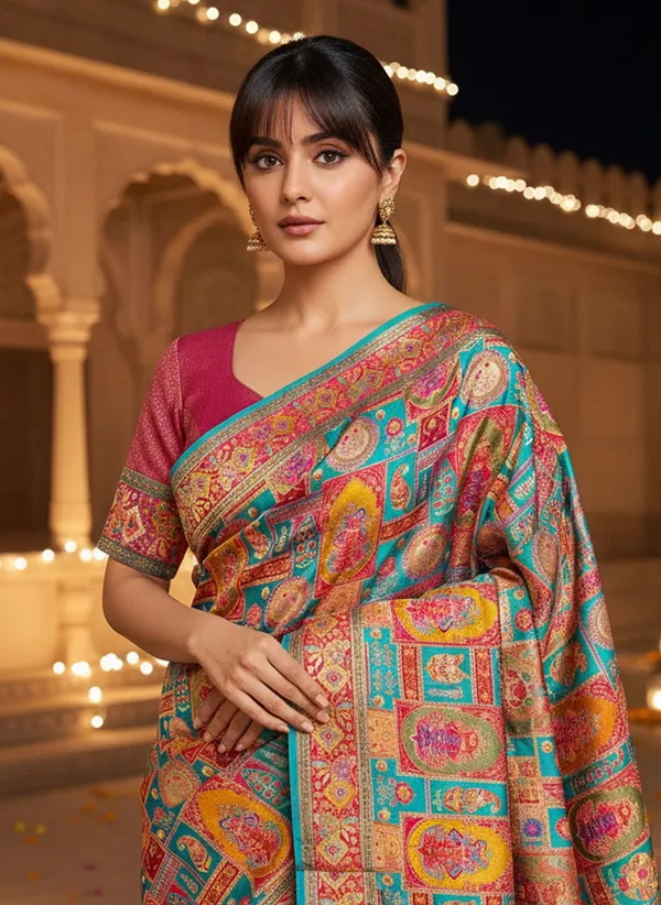 Turquoise_Blue_Banarasi_Pure_Silk_Jacquard_Saree_For_Women_|_With_Blouse_Piece