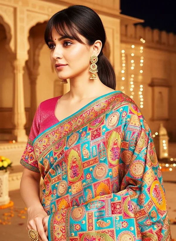 Turquoise_Blue_Banarasi_Pure_Silk_Jacquard_Saree_For_Women_|_With_Blouse_Piece