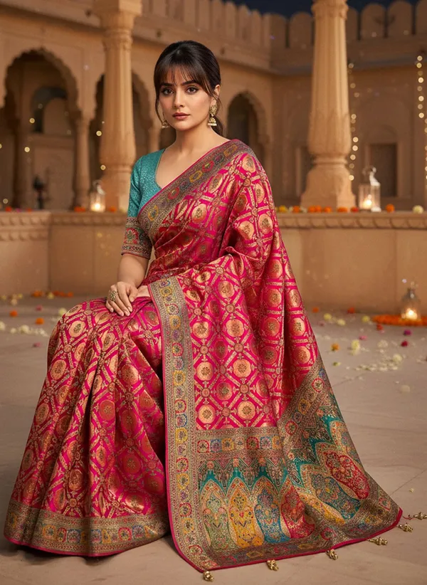 Pink_Banarasi_Pure_Silk_Jacquard_Printed_Saree_For_Women_|_With_Blouse_Piece
