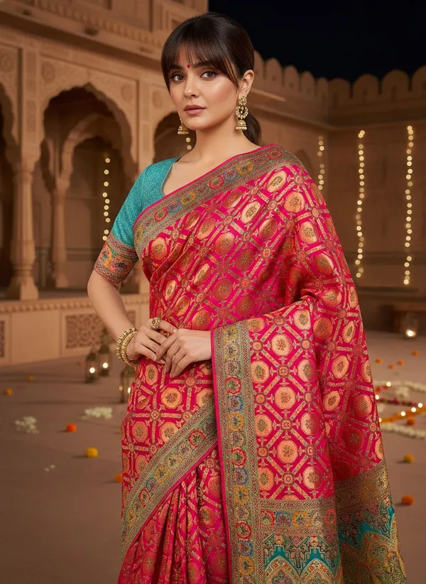 Pink_Banarasi_Pure_Silk_Jacquard_Printed_Saree_For_Women_|_With_Blouse_Piece