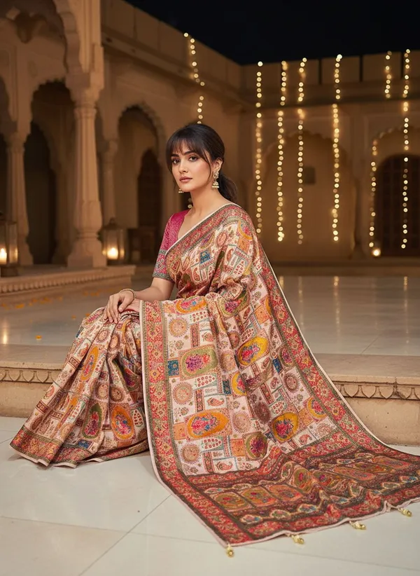 Beige_Banarasi_Pure_Silk_Jacquard_Printed_Saree_For_Women_|_With_Blouse_Piece