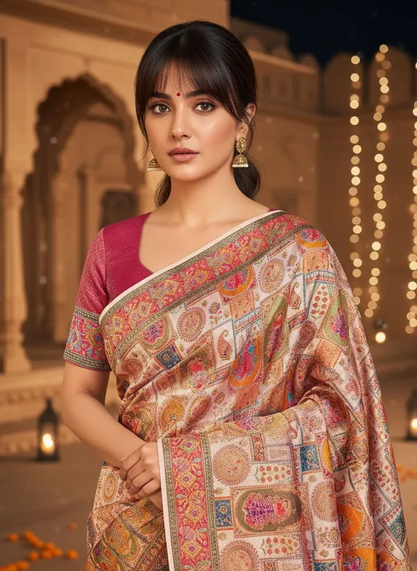 Beige_Banarasi_Pure_Silk_Jacquard_Printed_Saree_For_Women_|_With_Blouse_Piece