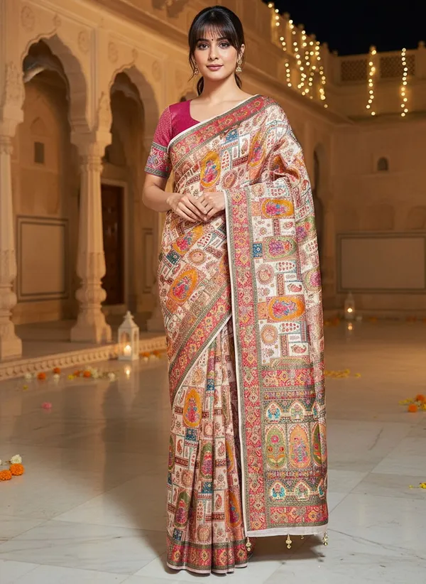 Beige_Banarasi_Pure_Silk_Jacquard_Printed_Saree_For_Women_|_With_Blouse_Piece