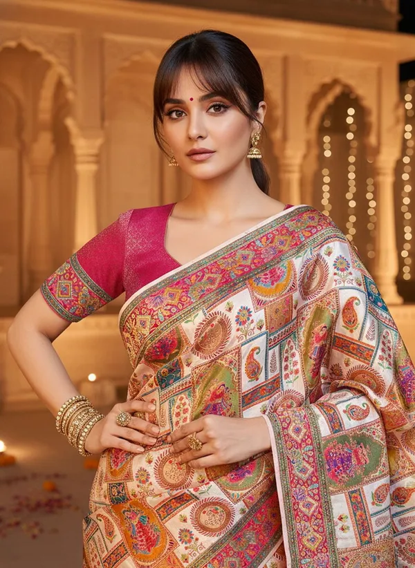 Beige_Banarasi_Pure_Silk_Jacquard_Printed_Saree_For_Women_|_With_Blouse_Piece