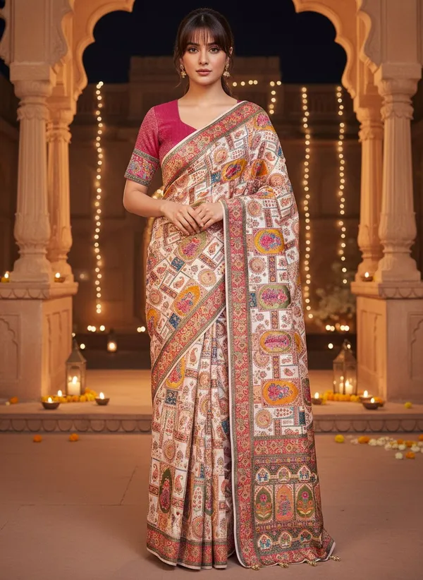 Beige_Banarasi_Pure_Silk_Jacquard_Printed_Saree_For_Women_|_With_Blouse_Piece