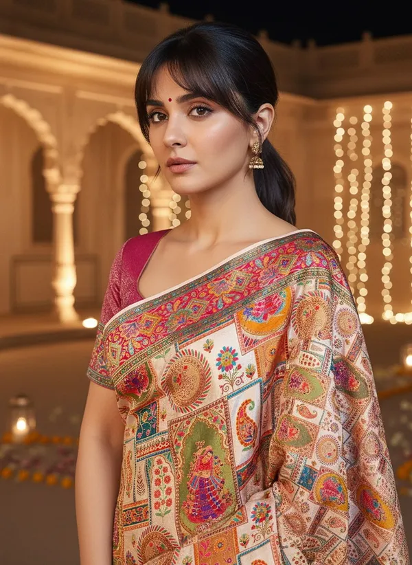 Beige_Banarasi_Pure_Silk_Jacquard_Printed_Saree_For_Women_|_With_Blouse_Piece