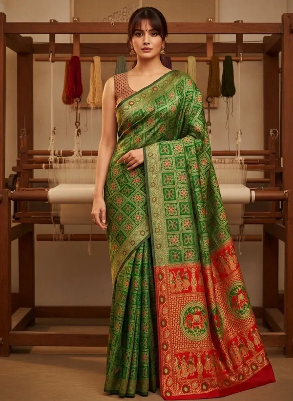 Sariya_Green_Banarasi_Silk_Blend_Jacquard_Golden_Zari_Woven_Saree_For_Women_|_With_Blouse_Piece
