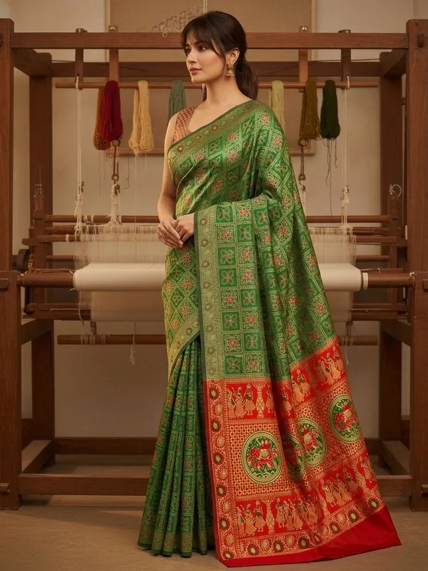 Sariya_Green_Banarasi_Silk_Blend_Jacquard_Golden_Zari_Woven_Saree_For_Women_|_With_Blouse_Piece