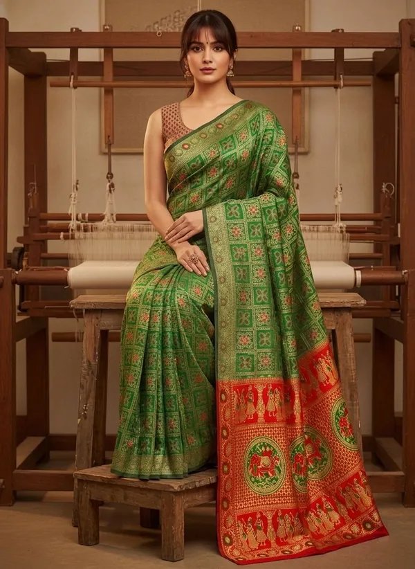 Sariya_Green_Banarasi_Silk_Blend_Jacquard_Golden_Zari_Woven_Saree_For_Women_|_With_Blouse_Piece