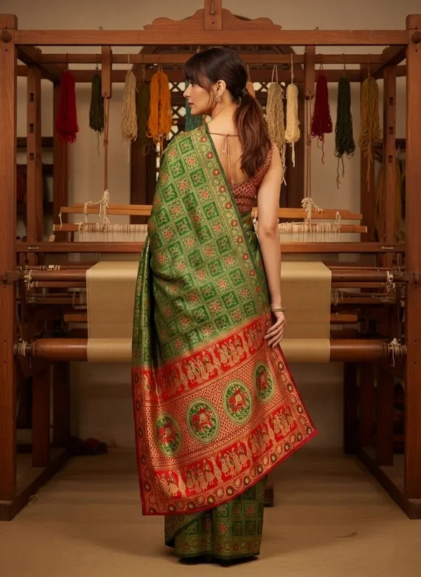 Sariya_Green_Banarasi_Silk_Blend_Jacquard_Golden_Zari_Woven_Saree_For_Women_|_With_Blouse_Piece