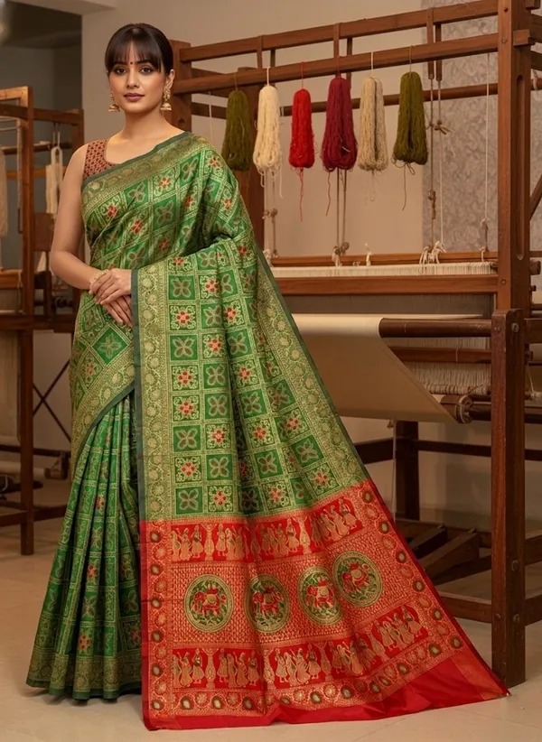 Sariya_Green_Banarasi_Silk_Blend_Jacquard_Golden_Zari_Woven_Saree_For_Women_|_With_Blouse_Piece