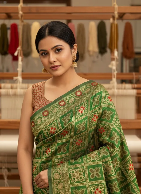 Sariya_Green_Banarasi_Silk_Blend_Jacquard_Golden_Zari_Woven_Saree_For_Women_|_With_Blouse_Piece