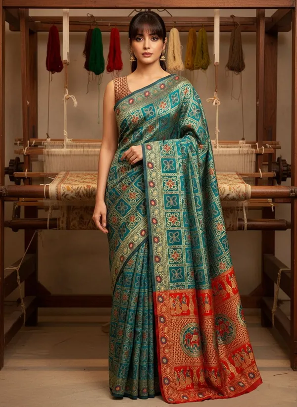 Turquoise_Blue_Banarasi_Silk_Blend_Jacquard_Woven_Saree_For_Women_|_With_Blouse_Piece