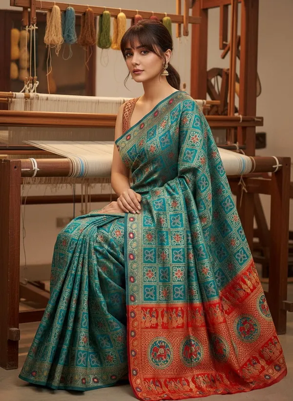 Turquoise_Blue_Banarasi_Silk_Blend_Jacquard_Woven_Saree_For_Women_|_With_Blouse_Piece