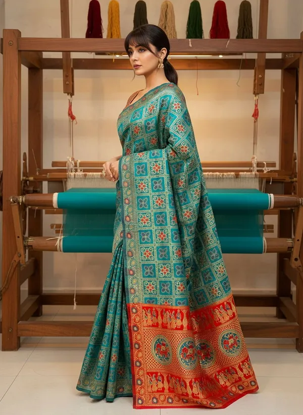 Turquoise_Blue_Banarasi_Silk_Blend_Jacquard_Woven_Saree_For_Women_|_With_Blouse_Piece
