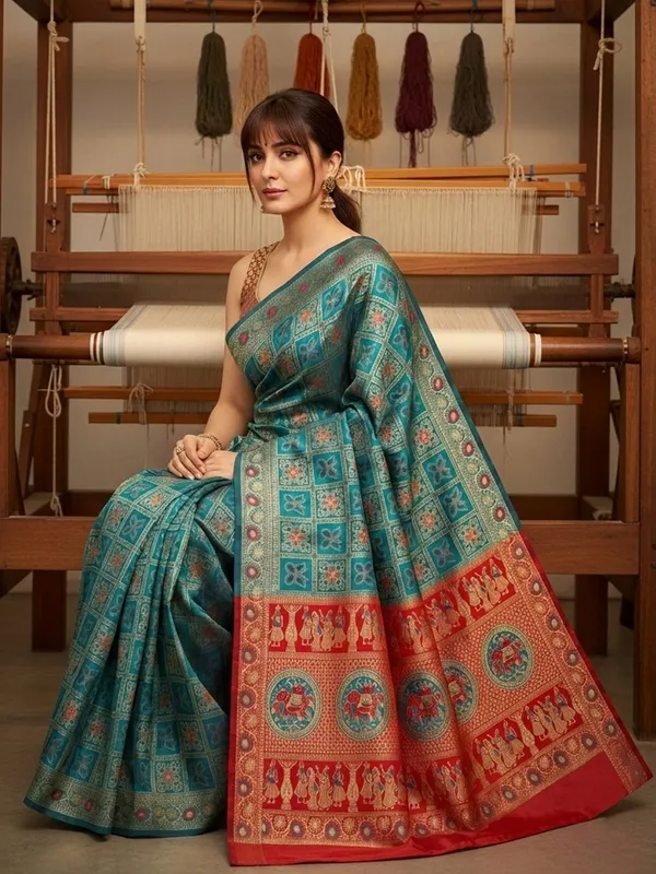Turquoise_Blue_Banarasi_Silk_Blend_Jacquard_Woven_Saree_For_Women_|_With_Blouse_Piece