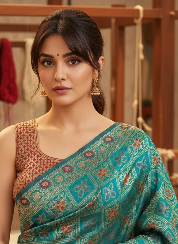 Turquoise_Blue_Banarasi_Silk_Blend_Jacquard_Woven_Saree_For_Women_|_With_Blouse_Piece