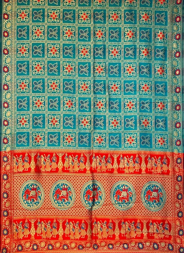 Turquoise_Blue_Banarasi_Silk_Blend_Jacquard_Woven_Saree_For_Women_|_With_Blouse_Piece