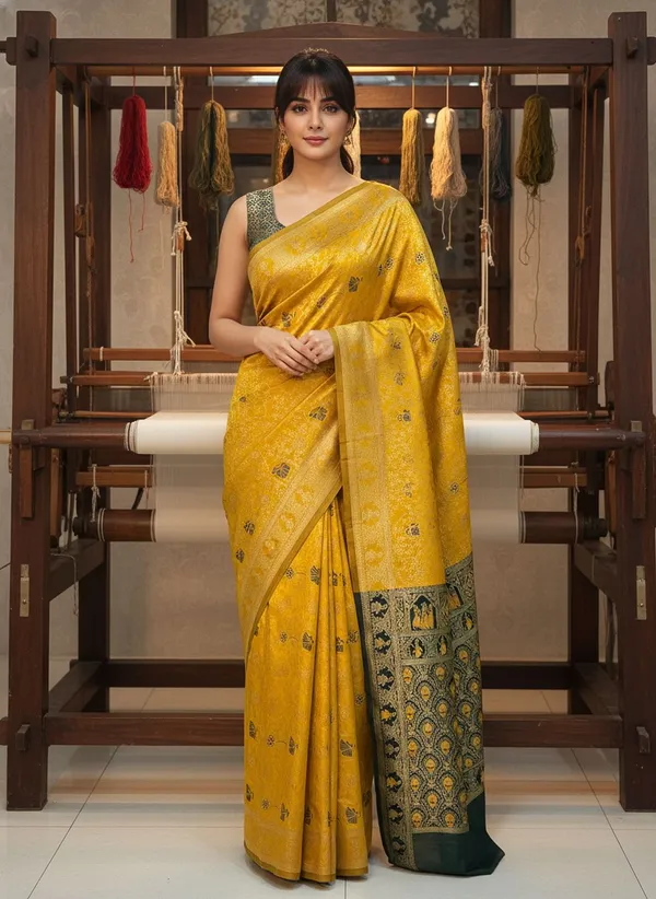 Yellow_Banarasi_Silk_Blend_Jacquard_Woven_Saree_For_Women_|_With_Blouse_Piece
