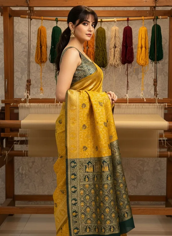Yellow_Banarasi_Silk_Blend_Jacquard_Woven_Saree_For_Women_|_With_Blouse_Piece