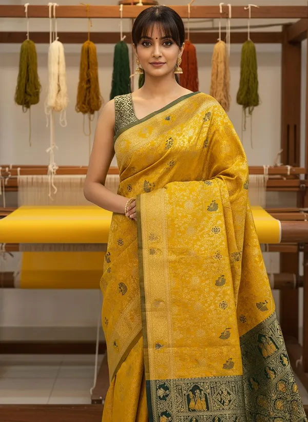 Yellow_Banarasi_Silk_Blend_Jacquard_Woven_Saree_For_Women_|_With_Blouse_Piece