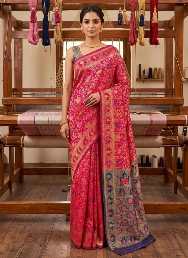Pink_Banarasi_Silk_Blend_Woven_Jacquard_Saree_For_Women_|_With_Blouse_Piece