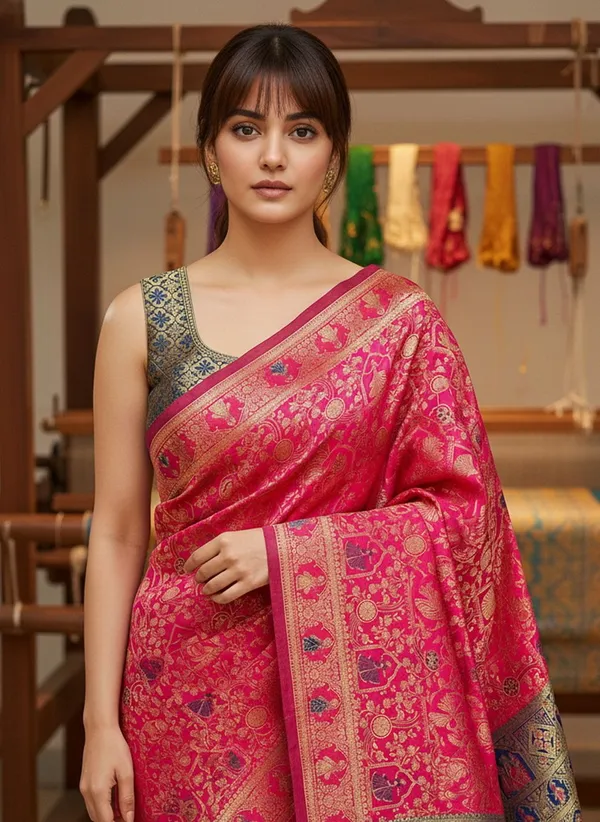 Pink_Banarasi_Silk_Blend_Woven_Jacquard_Saree_For_Women_|_With_Blouse_Piece