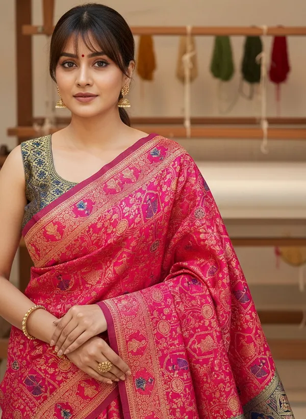 Pink_Banarasi_Silk_Blend_Woven_Jacquard_Saree_For_Women_|_With_Blouse_Piece