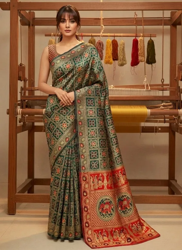 Green_Banarasi_Silk_Blend_Woven_Jacquard_Saree_For_Women_|_With_Blouse_Piece