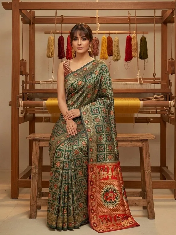 Green_Banarasi_Silk_Blend_Woven_Jacquard_Saree_For_Women_|_With_Blouse_Piece