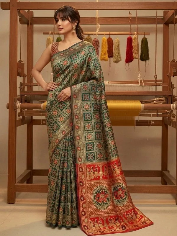 Green_Banarasi_Silk_Blend_Woven_Jacquard_Saree_For_Women_|_With_Blouse_Piece