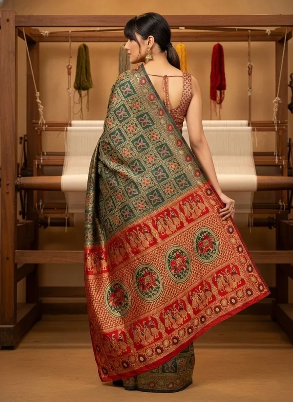 Green_Banarasi_Silk_Blend_Woven_Jacquard_Saree_For_Women_|_With_Blouse_Piece