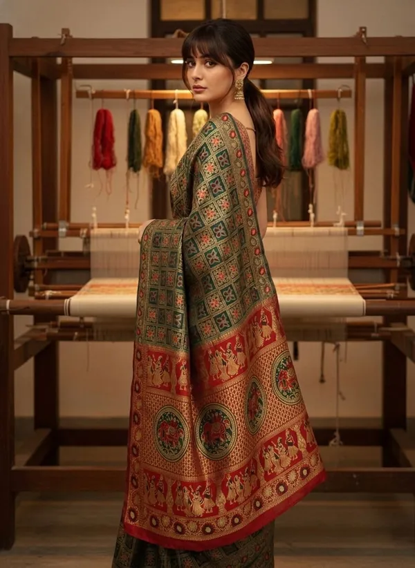 Green_Banarasi_Silk_Blend_Woven_Jacquard_Saree_For_Women_|_With_Blouse_Piece