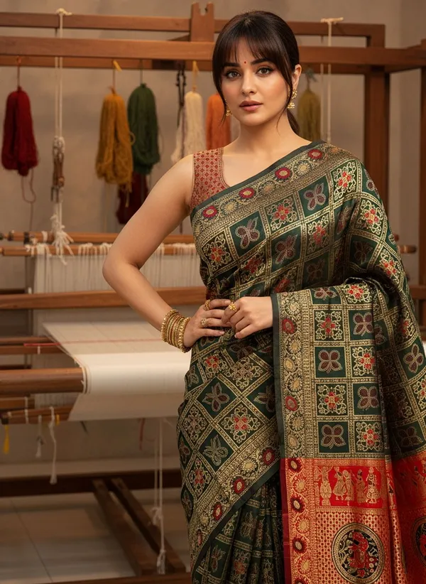 Green_Banarasi_Silk_Blend_Woven_Jacquard_Saree_For_Women_|_With_Blouse_Piece