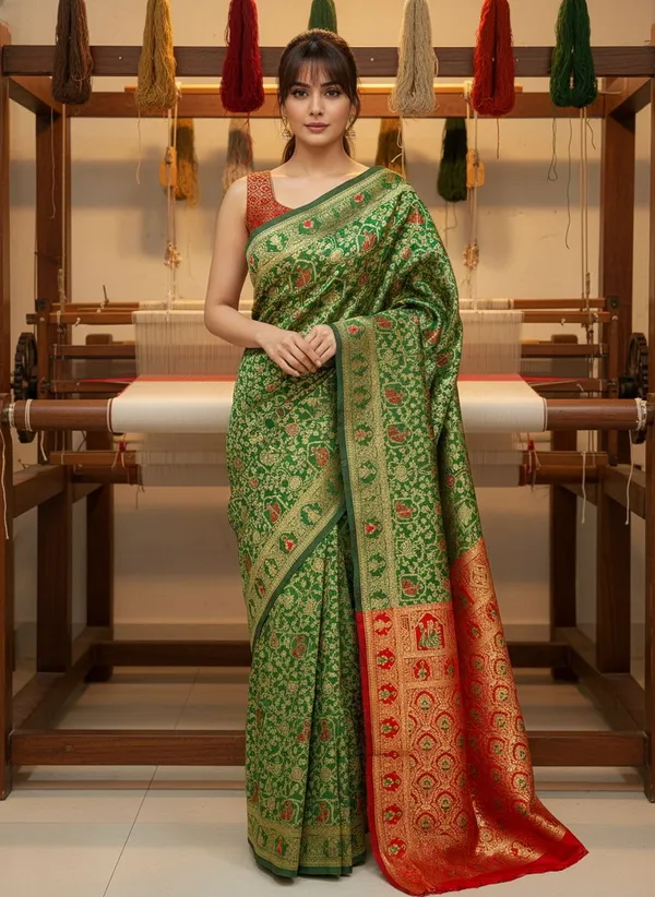 Green_Banarasi_Silk_Blend_Jacquard_Zari_Woven_Contrast_Pallu_Saree_For_Women_|_With_Blouse_Piece