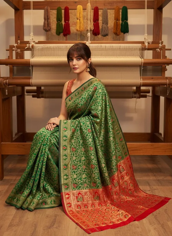Green_Banarasi_Silk_Blend_Jacquard_Zari_Woven_Contrast_Pallu_Saree_For_Women_|_With_Blouse_Piece