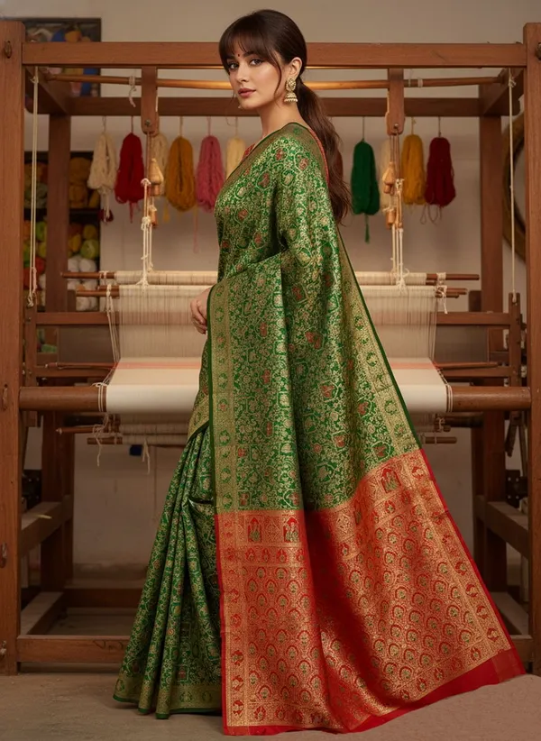 Green_Banarasi_Silk_Blend_Jacquard_Zari_Woven_Contrast_Pallu_Saree_For_Women_|_With_Blouse_Piece
