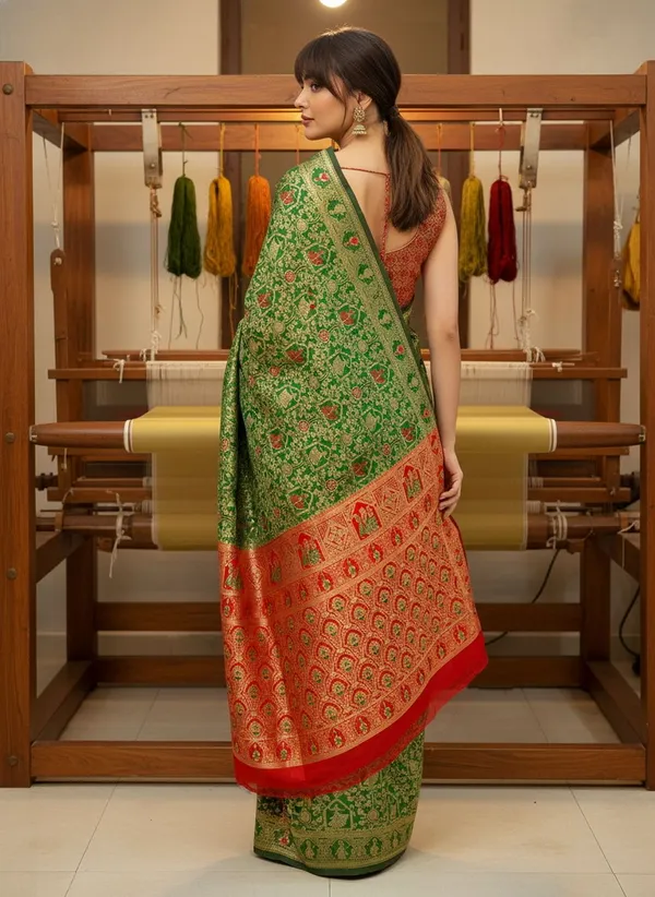 Green_Banarasi_Silk_Blend_Jacquard_Zari_Woven_Contrast_Pallu_Saree_For_Women_|_With_Blouse_Piece